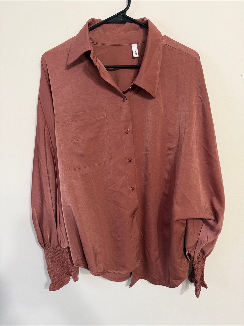 glam Rust Button-Down Blouse with Smocked Cuffs